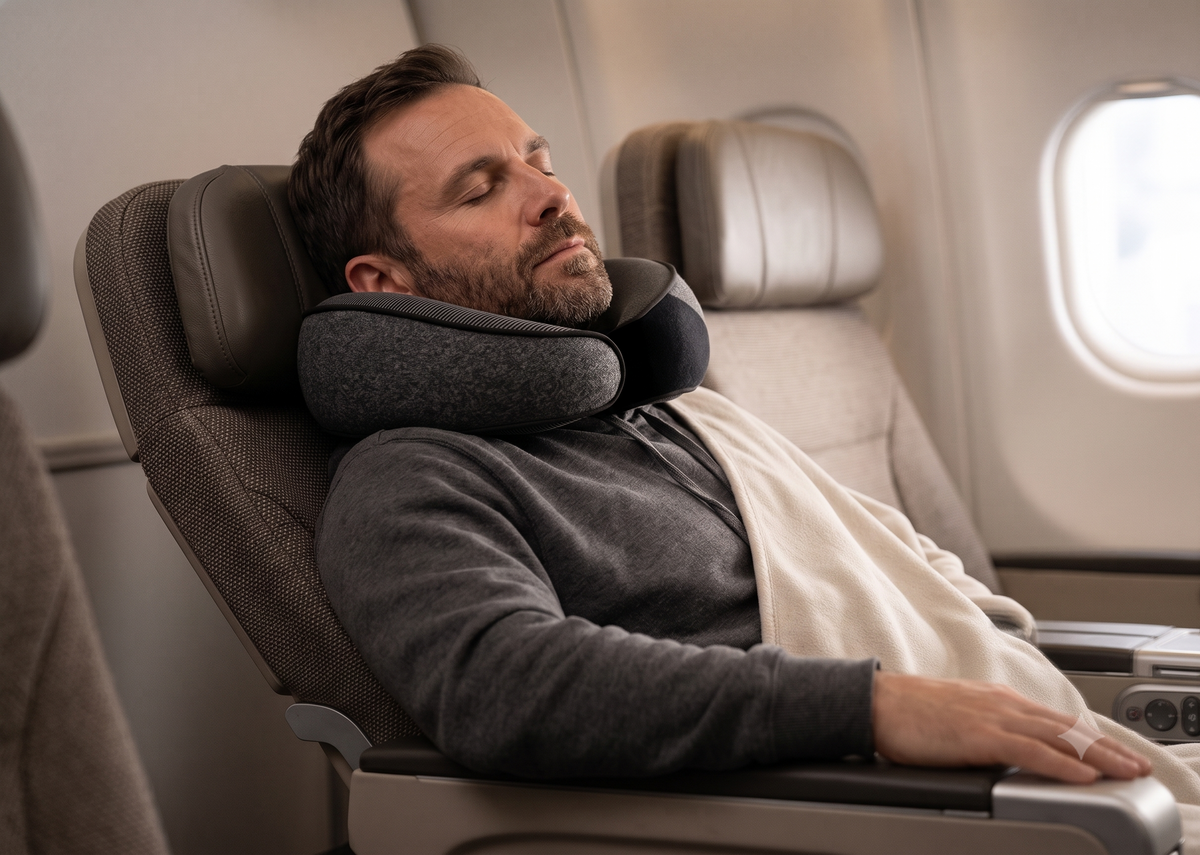 Almohada de viaje de espuma viscoelástica en uso durante un viaje